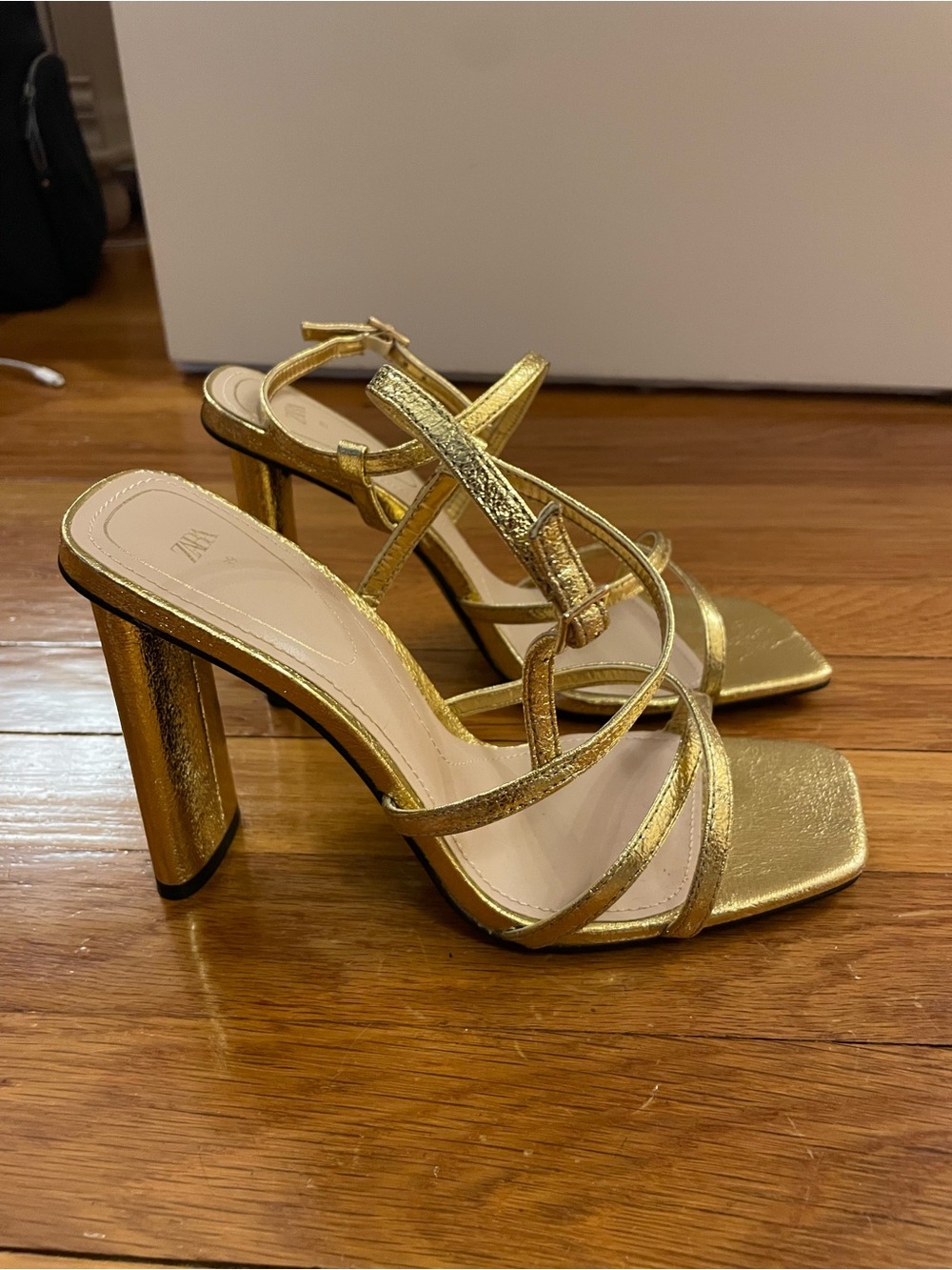 Zara Metallic Gold Strappy Block Heel Sandals